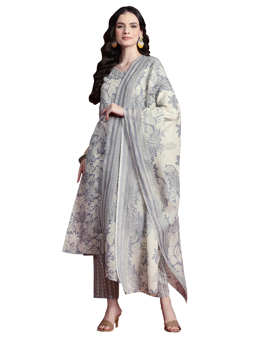 Womanista Women'S Cotton Blend Floral Straight Kurta Set (Kurtaset_1361_Grey