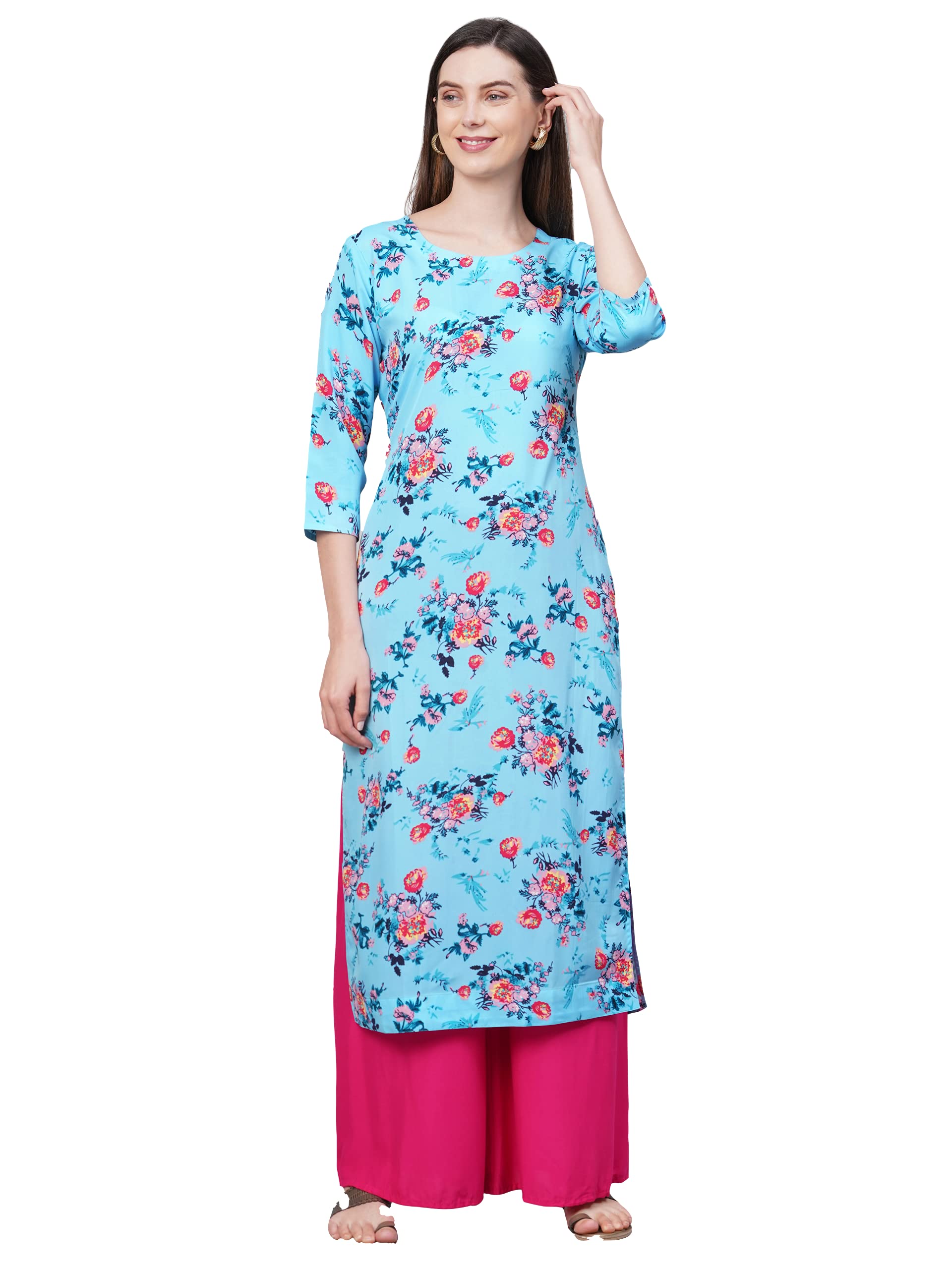 ANNI DESIGNER Women's Crepe Straight Printed Kurta (Badri Blue_M-Blue_Mediuam)