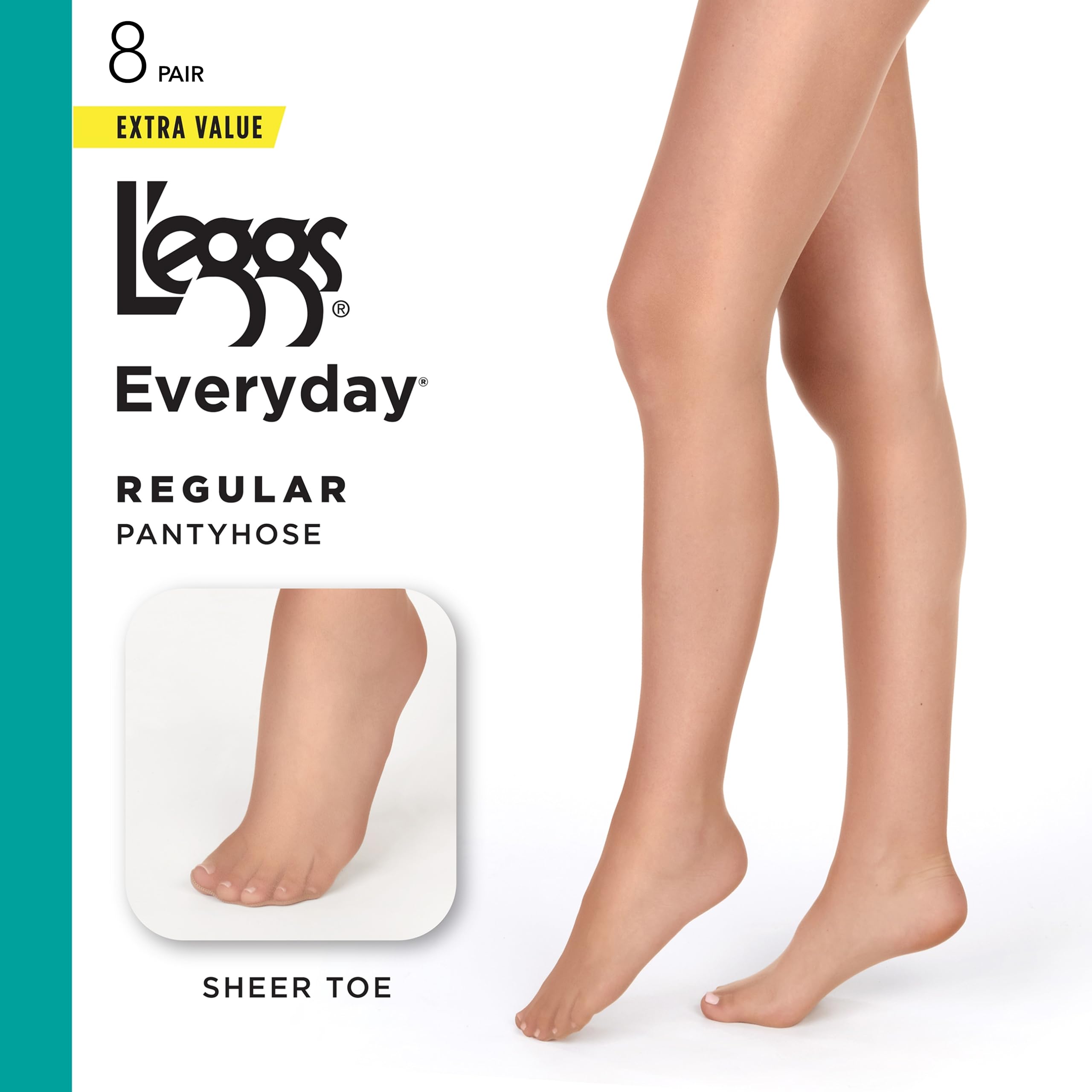 L'eggs Everyday Standard-Panty Sheer Toe Pantyhose for All Day Comfort, 100% Nylon, Suntan, Size Q (Pack of 8)