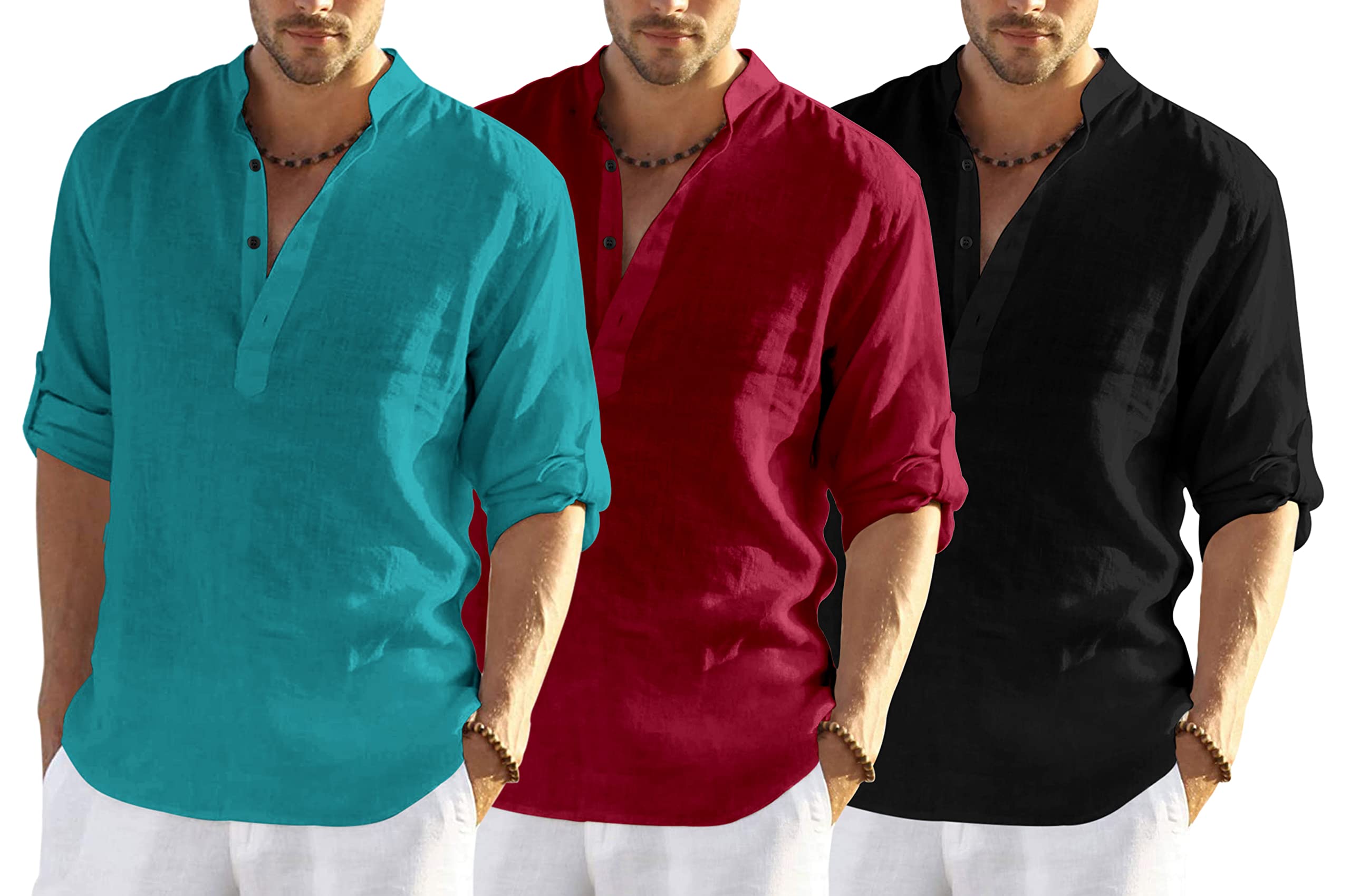 Hemrin Combo Of 3 MenS Cotton Blend Full Sleeve Short Kurta Shirt With Mandarin Collar