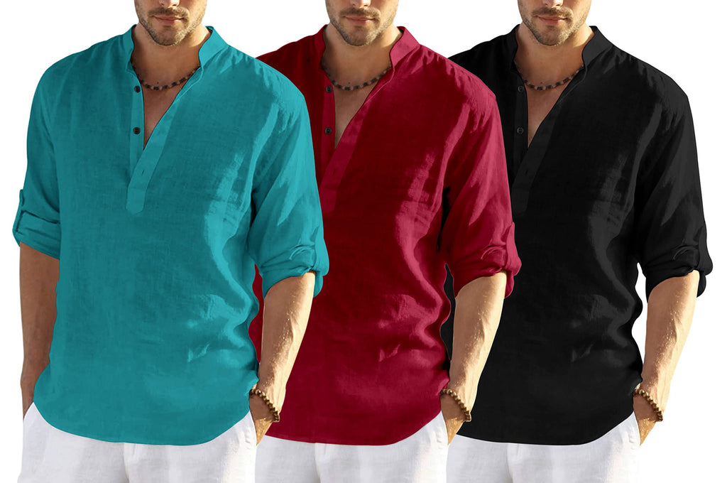 Zartha Combo Of 3 MenS Cotton Blend Full Sleeve Short Kurta Shirt With Mandarin Collar