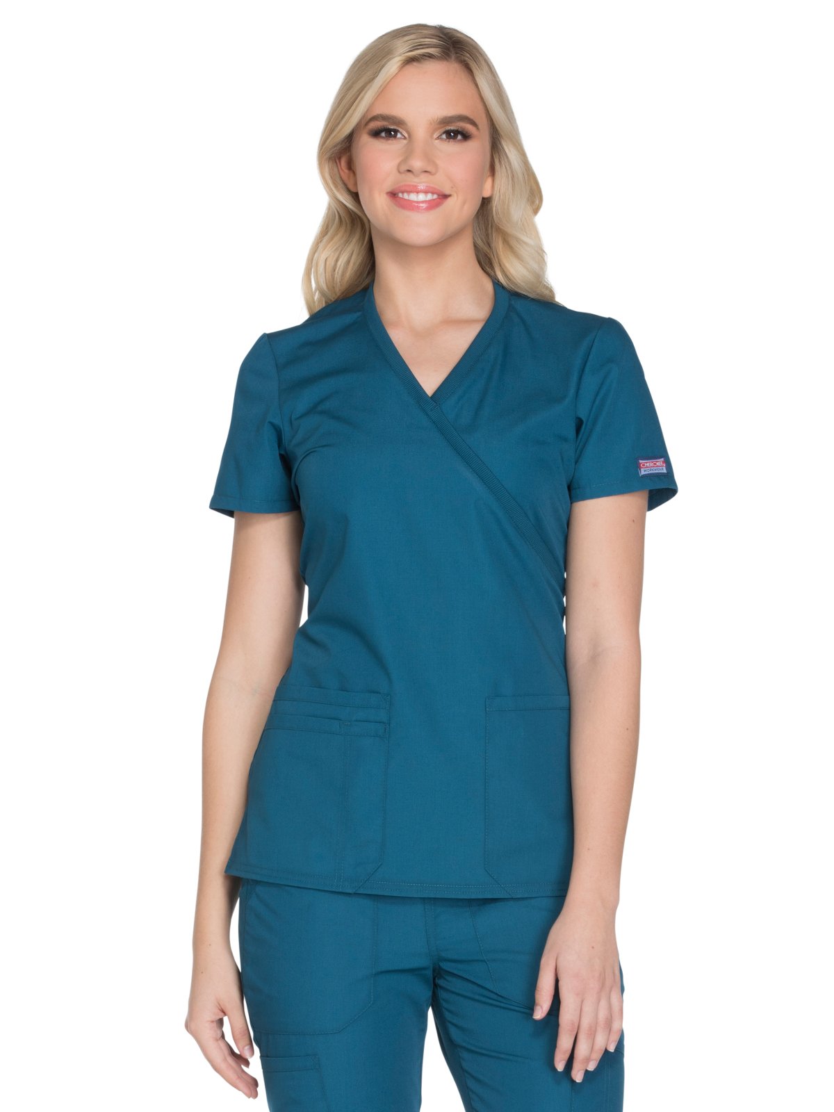 Womens Mock Wrap Top Workwear Originals with Rib-Knit Back Panels WW650, XS, caribbean Blue