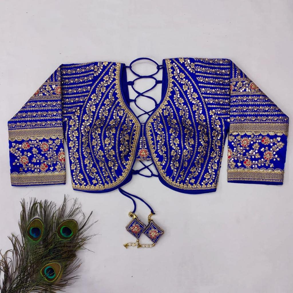 Pujia Mills Womens Heavy Embroidery Coding with Sequins Work 3/4 Sleeves Fancy Readymade Saree Blouse
