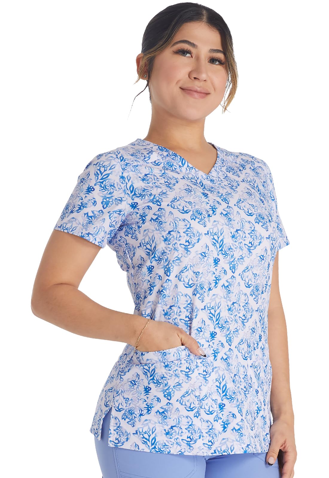 Dickies EDS Women Scrubs Top V-Neck Print DK616, XS, Texture Tiles