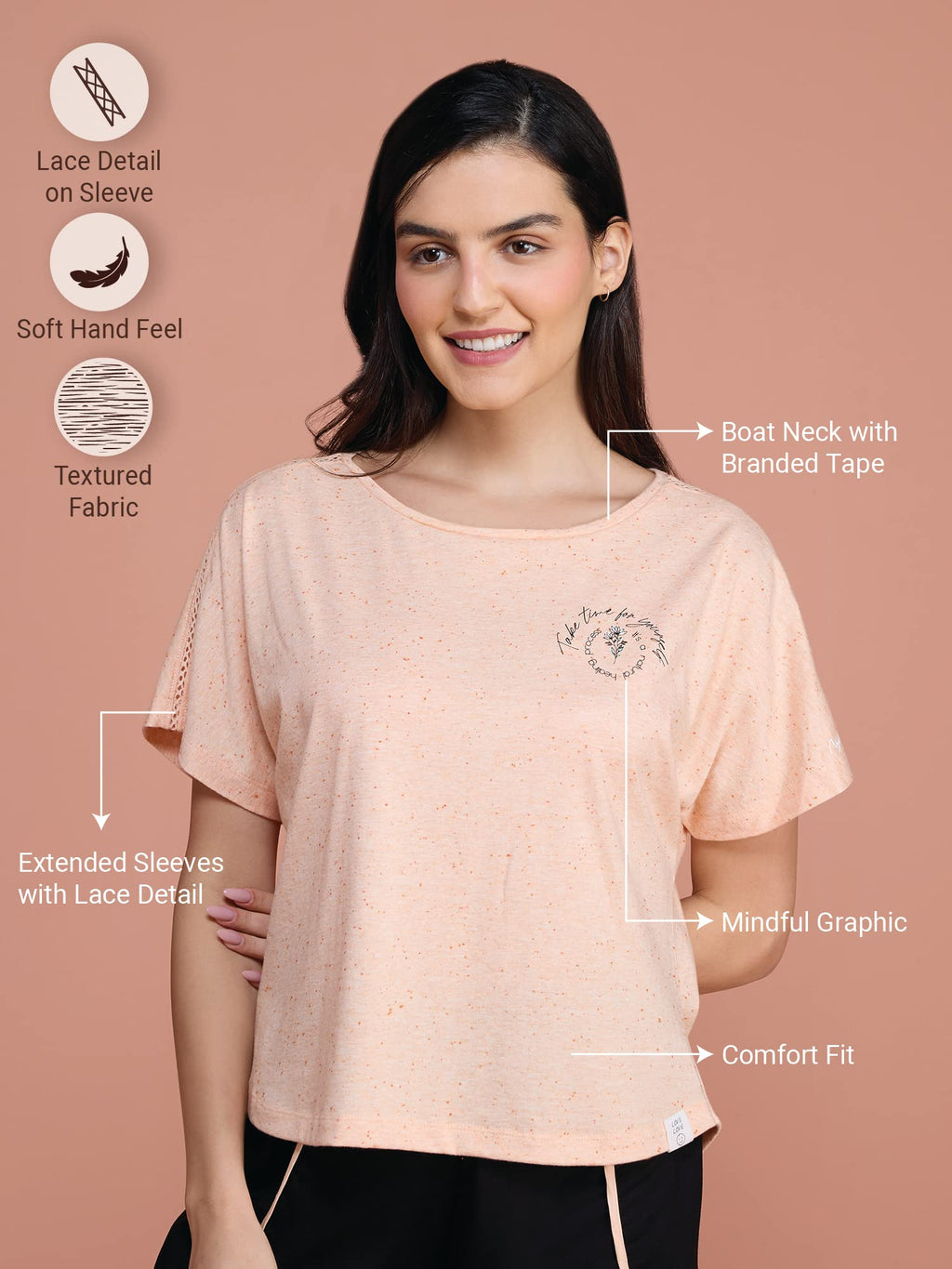 Nykd WomenS Ultra Soft All Occasions Everyday Cotton T- Shirt Neppy Lace Detail Tee | Extended Sleeves | Relaxed Fit | Round Ne