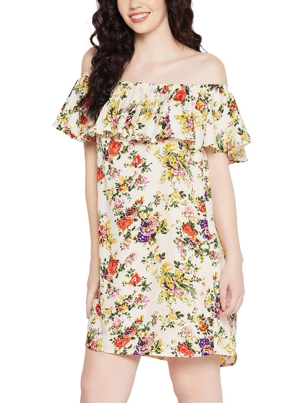 Clovia Women'S Crepe Pretty Florals Resortwear Bardot Dress (Rw0018P18_White)