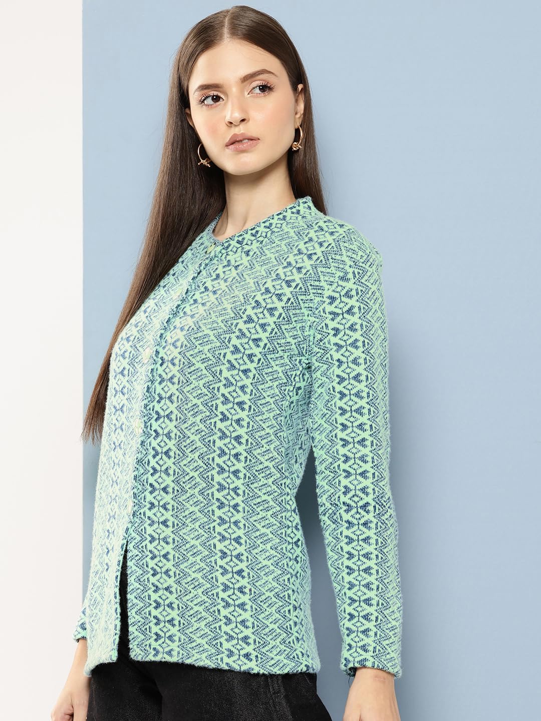 Aarika Womens Casual Wear Green Colour Zig Zag Woolen Cardigan (S-L)
