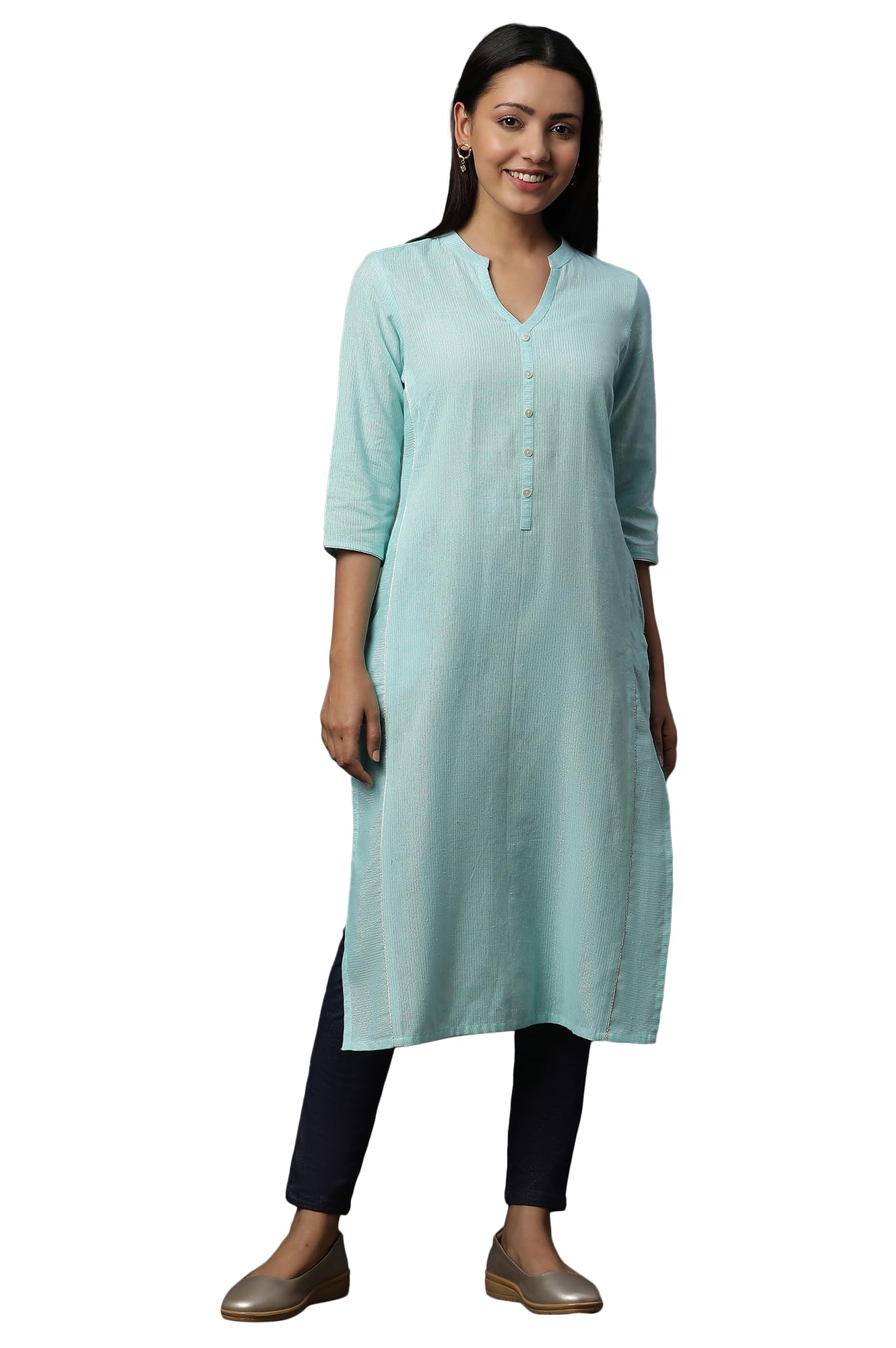 Aurelia Women Striped Cotton Blend Straight Kurta_24FEA15006_L Blue