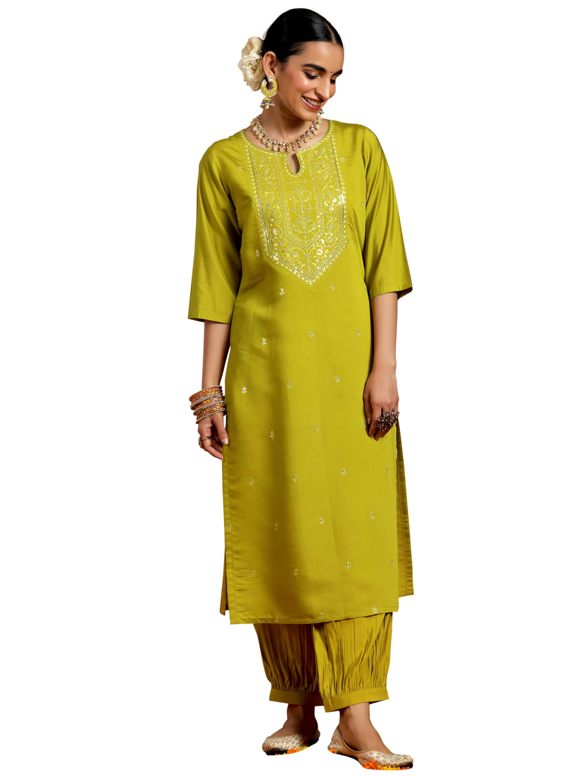 Libas Women Silk Blend Solid Kurta Set (Gs950_Lime Green, Large