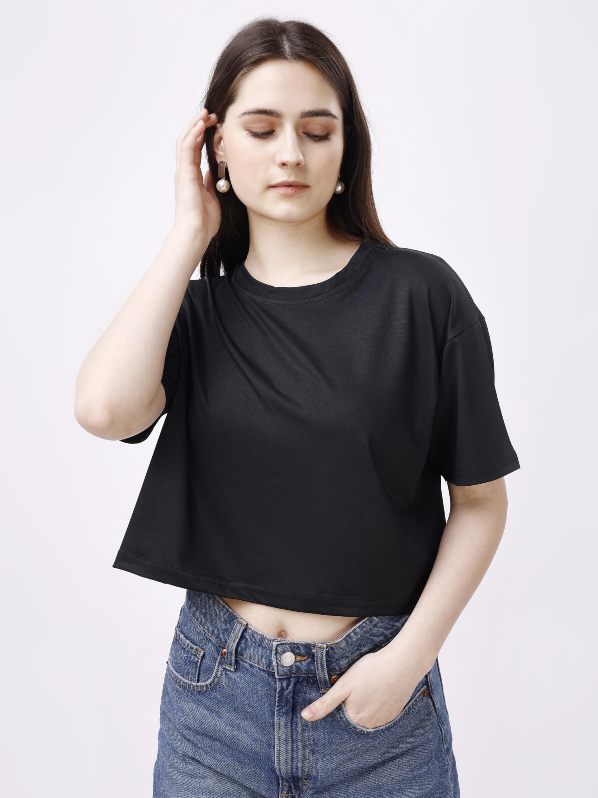 ELLITI Soft Rich Cotton Black Half Sleeve | Round Neck | Oversized/Loose Fit | Down Solder | Plain/Soild Crop Top for Women (Siz