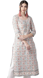 LookMark Womens Cotton Floral Regular Kurta (K1041-L_Off-White_L)
