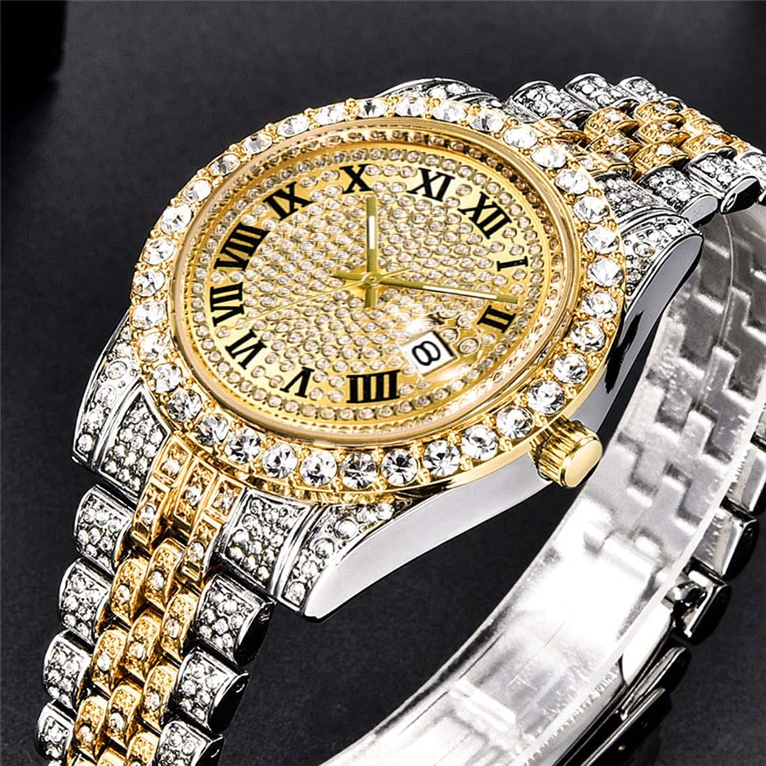 Hip Hop Watches for Men Iced-Out Bling Diamond Luxury Quartz Watches with Date (Gold)