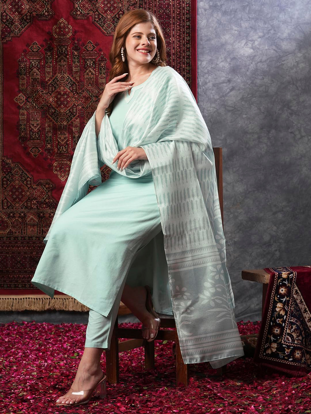 ANNI DESIGNER Women s Kurta Rayon Blend Pants with Dupatta, See Green, Small
