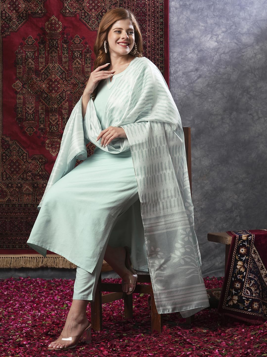 ANNI DESIGNER Women s Kurta Rayon Blend Pants with Dupatta, See Green, Small