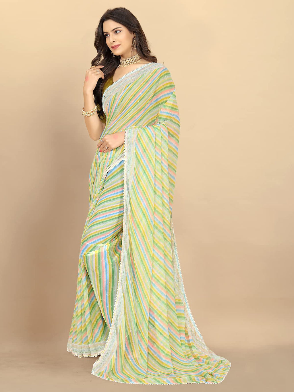 rangita Women Leheria Striped Georgette Saree With Blouse Piece