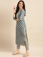 ANNI DESIGNER Womens Cotton Blend Straight Printed Kurta with Pant Set (Tbh Blue-NWG_L_Blue_Large)
