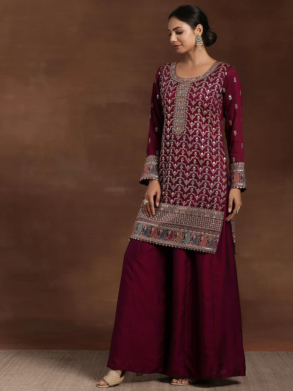 Libas Womens Embroidered Silk Blend Straight Kurta With Palazzos And Dupatta