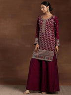 Libas Womens Embroidered Silk Blend Straight Kurta With Palazzos And Dupatta