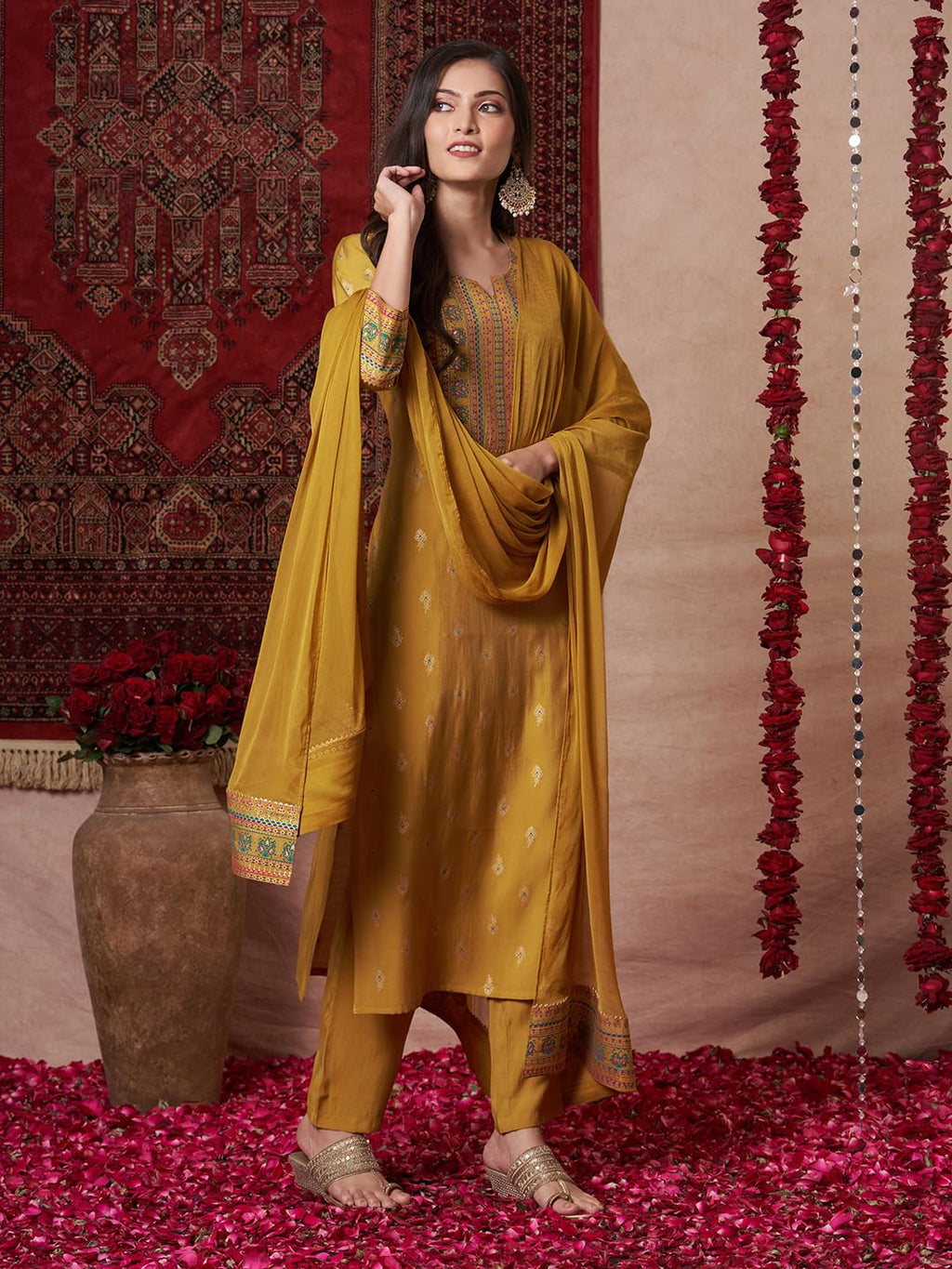 ANNI DESIGNER Women s Viscose Rayon Straight Kurta with Trousers and Dupatta, Red, 42