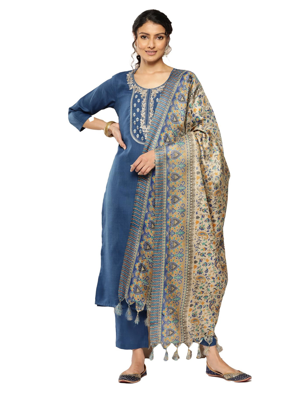 Varanga WomenS Blue Embroidered Yoke Straight Kurta With Tonal Bottom And Printed Bhagalpuri Dupatta, Round Neck, Three-Quarter 