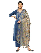 Varanga WomenS Blue Embroidered Yoke Straight Kurta With Tonal Bottom And Printed Bhagalpuri Dupatta, Round Neck, Three-Quarter 