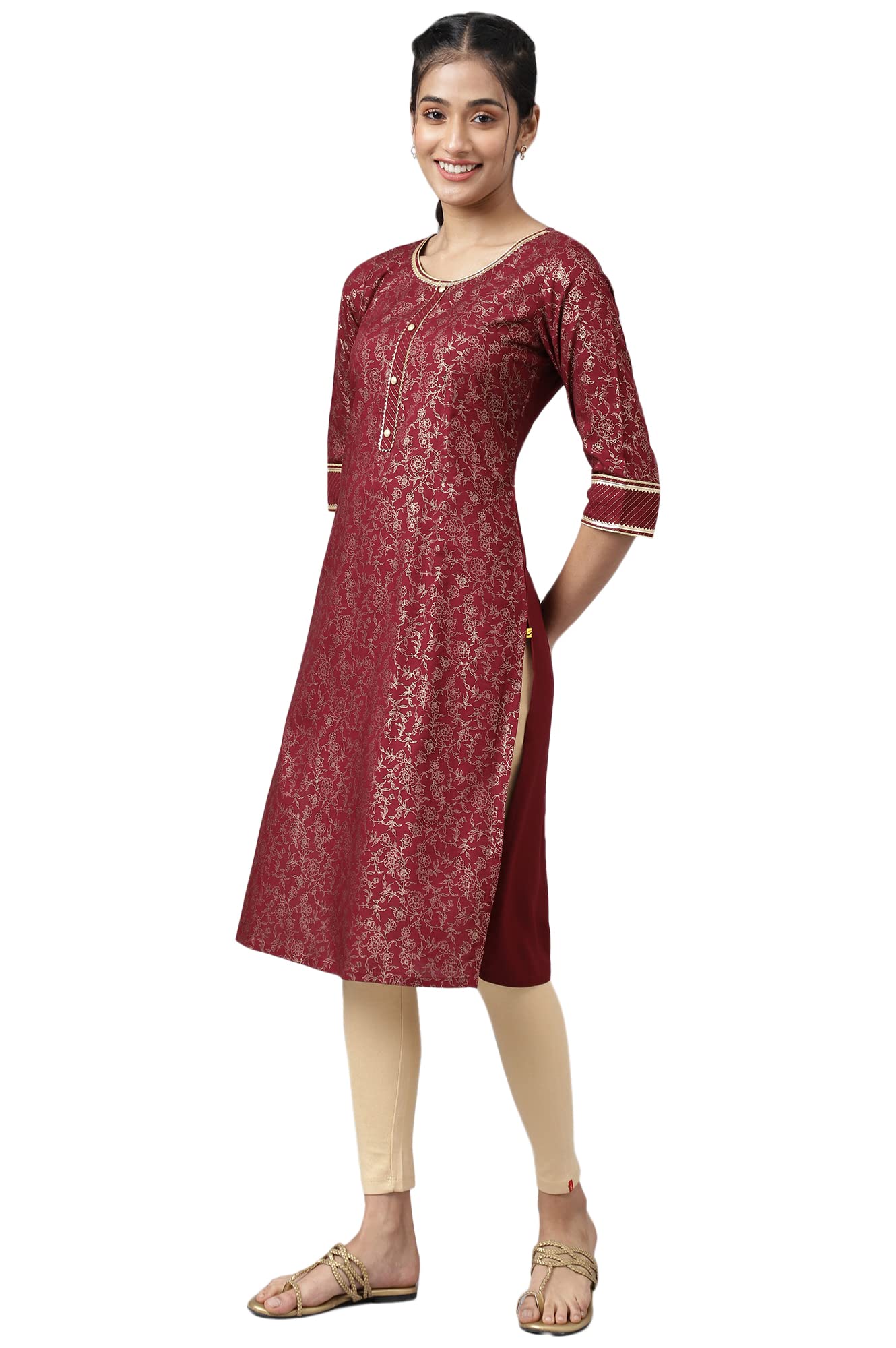 Aurelia Women Dark Maroon Rayon Floral Printed Straight Kurta