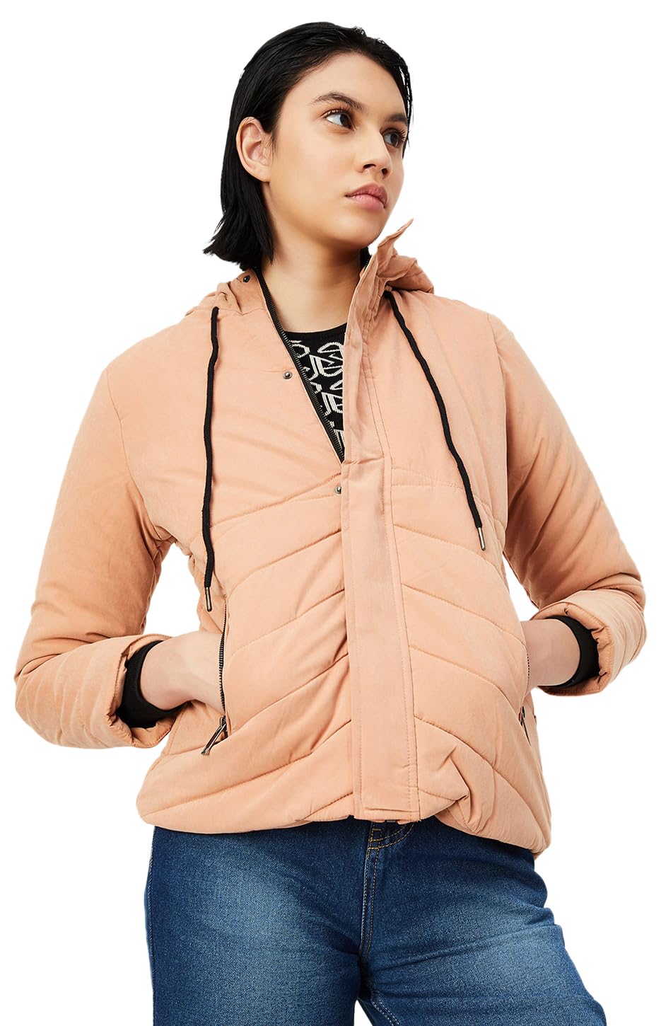 Max Women Quilted Hooded Puffer Jacket, Peach, S