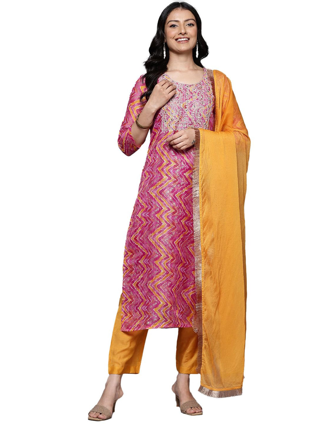 Varanga Women Pink Chevron Printed Zari Embroidered Kurta Paired With Bottom And Dupatta