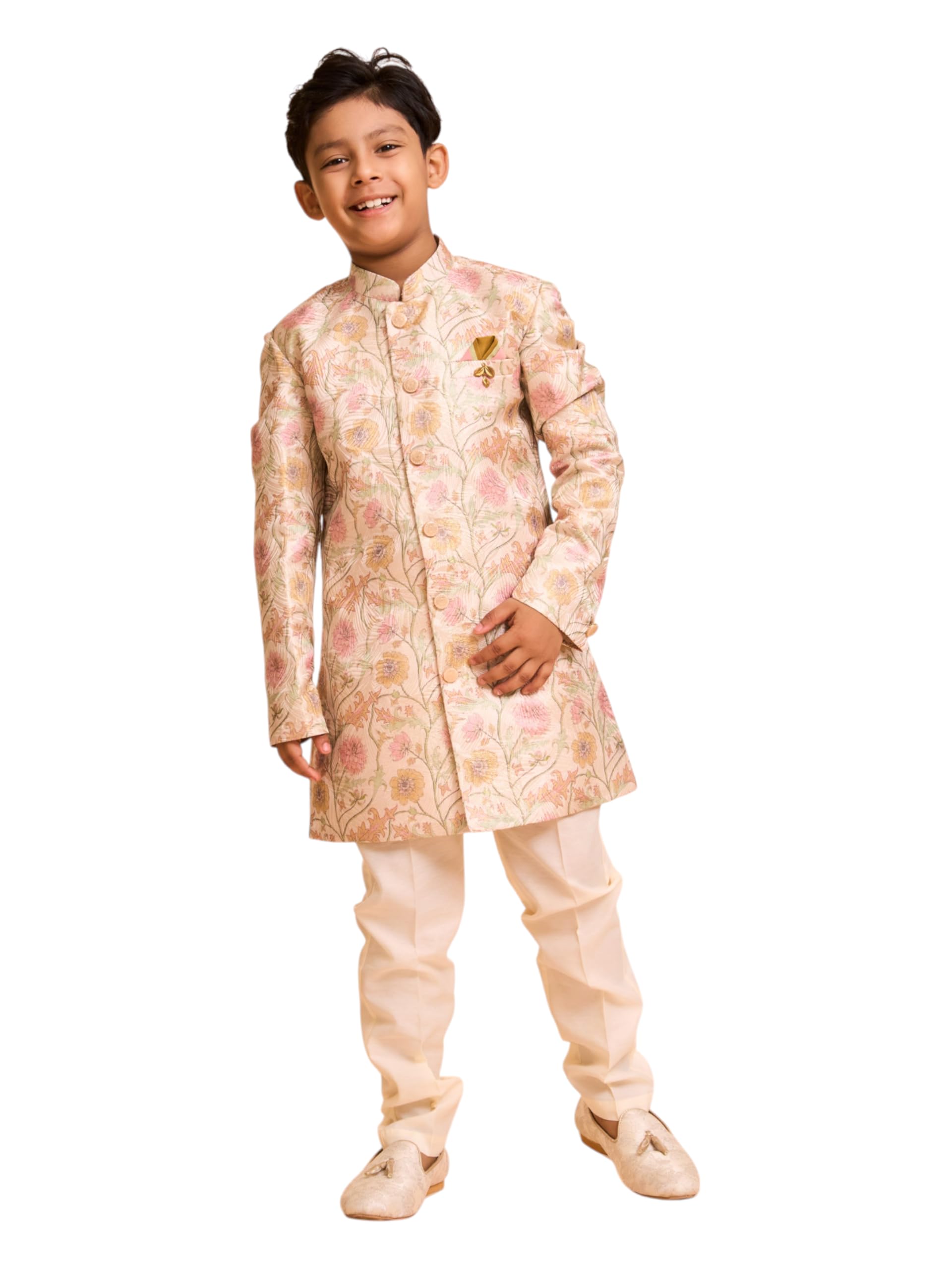 Manyavar Boys Art Silk Floral Print Indo Western Set (Beige,5-6Y)