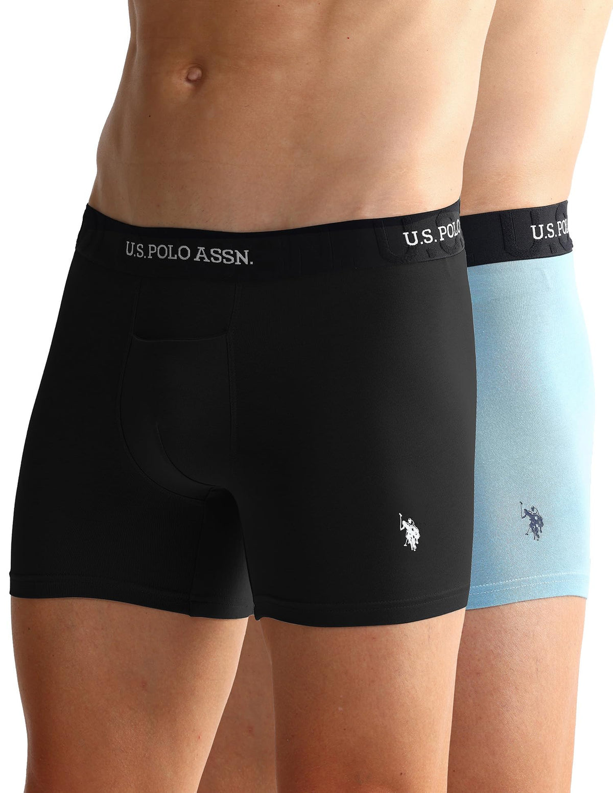 U.S. Polo Assn. Mens Elastic Waistband Ribbed Solid Oet12 Long Trunks  Pack Of 2 Black  Glacier Lake S