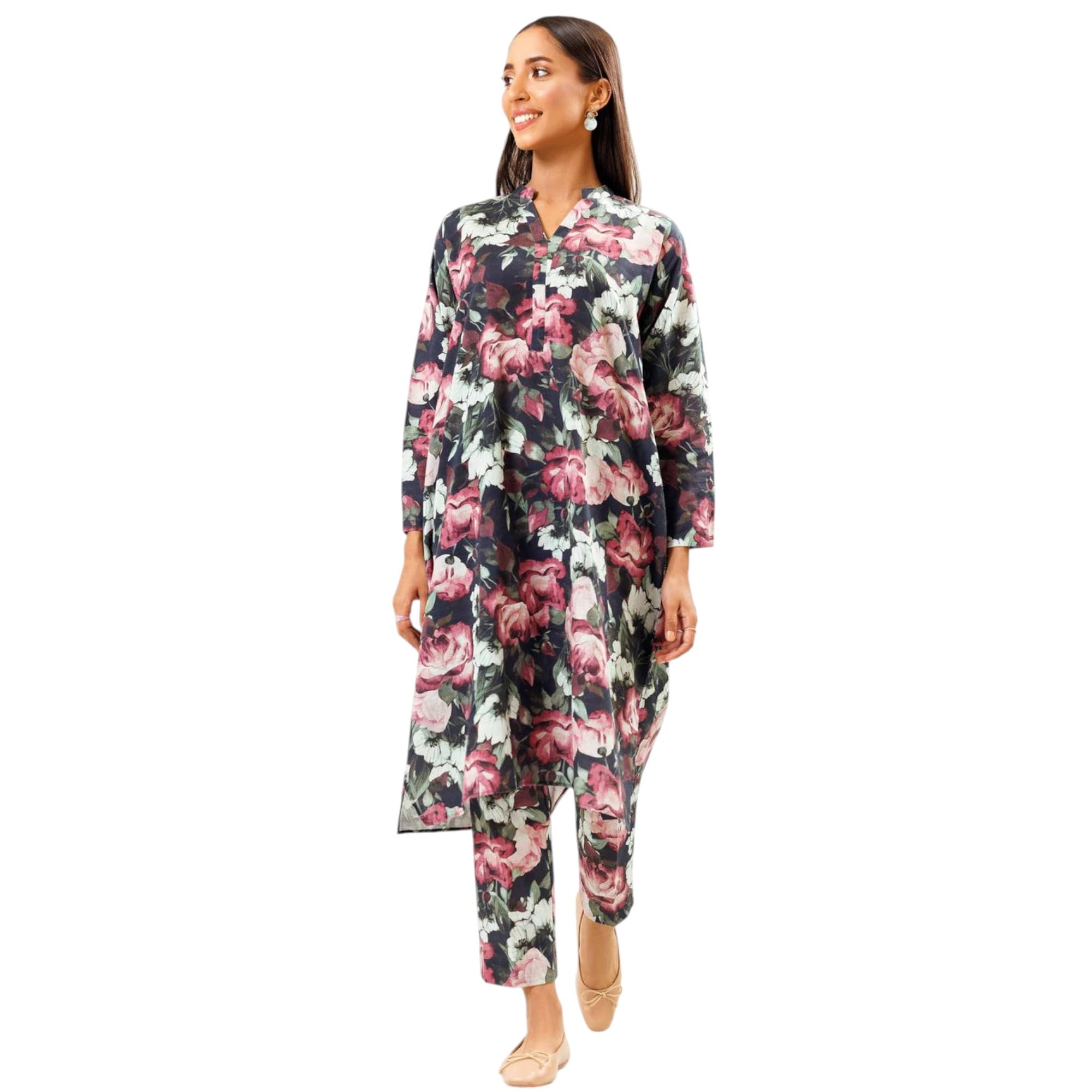Gufrina Women'S Black Floral Printed Long Kurta Set With Straight Pants - Full Sleeve V-Neck Rayon Casual Wear(Black L)