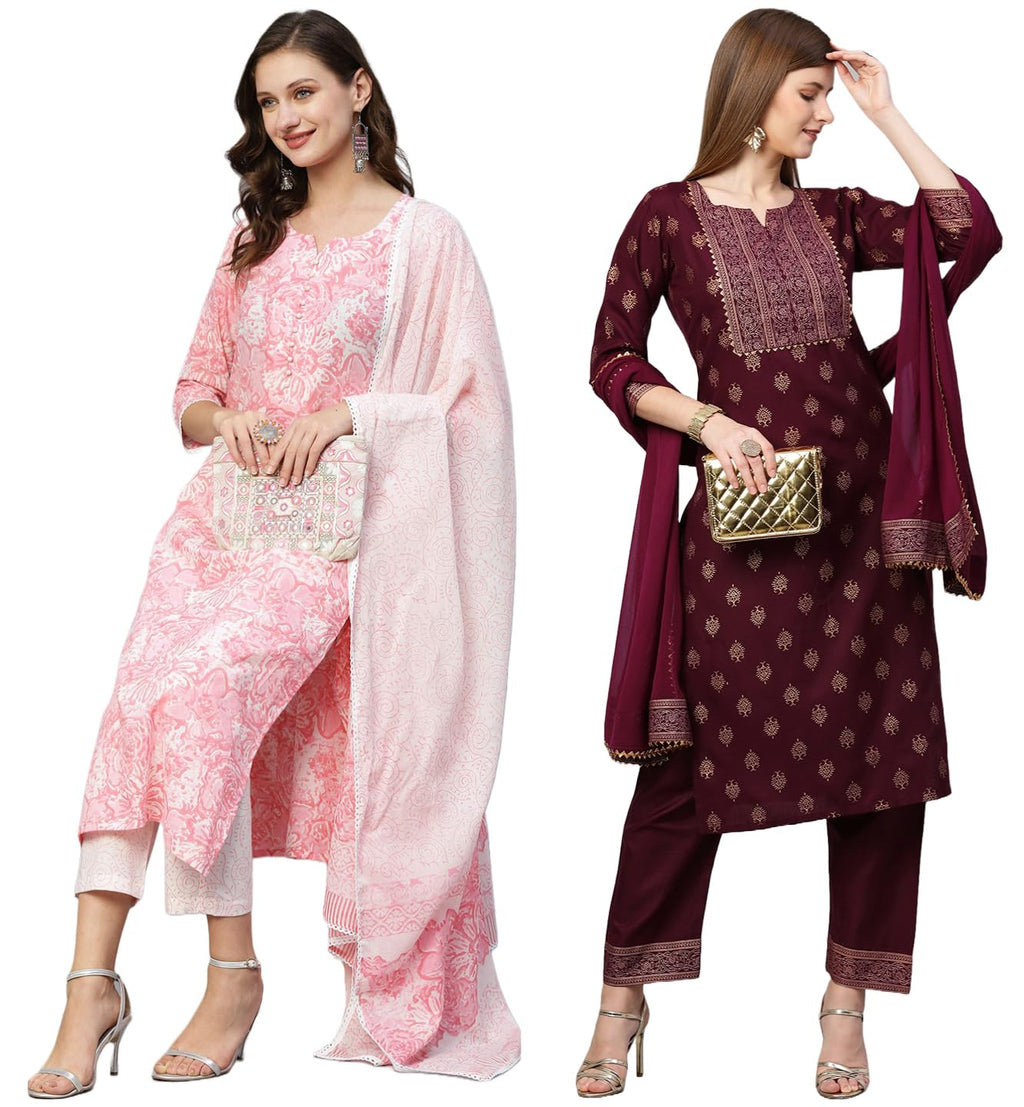 ANNI DESIGNER Women's Cotton Blend Printed Straight Kurta with Pant Pack of 2 (Combo-Prem Pink-Coco-Wine_Multicolor_Medium)