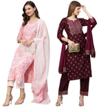 ANNI DESIGNER Women's Cotton Blend Printed Straight Kurta with Pant Pack of 2 (Combo-Prem Pink-Coco-Wine_Multicolor_Medium)
