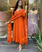 ANNI DESIGNER Womens Rayon Blend Anarkali Thread Work Kurta with Pant & Dupatta (ASHVTHAMA Orange_5XL_Orange_XXXXX-Large)