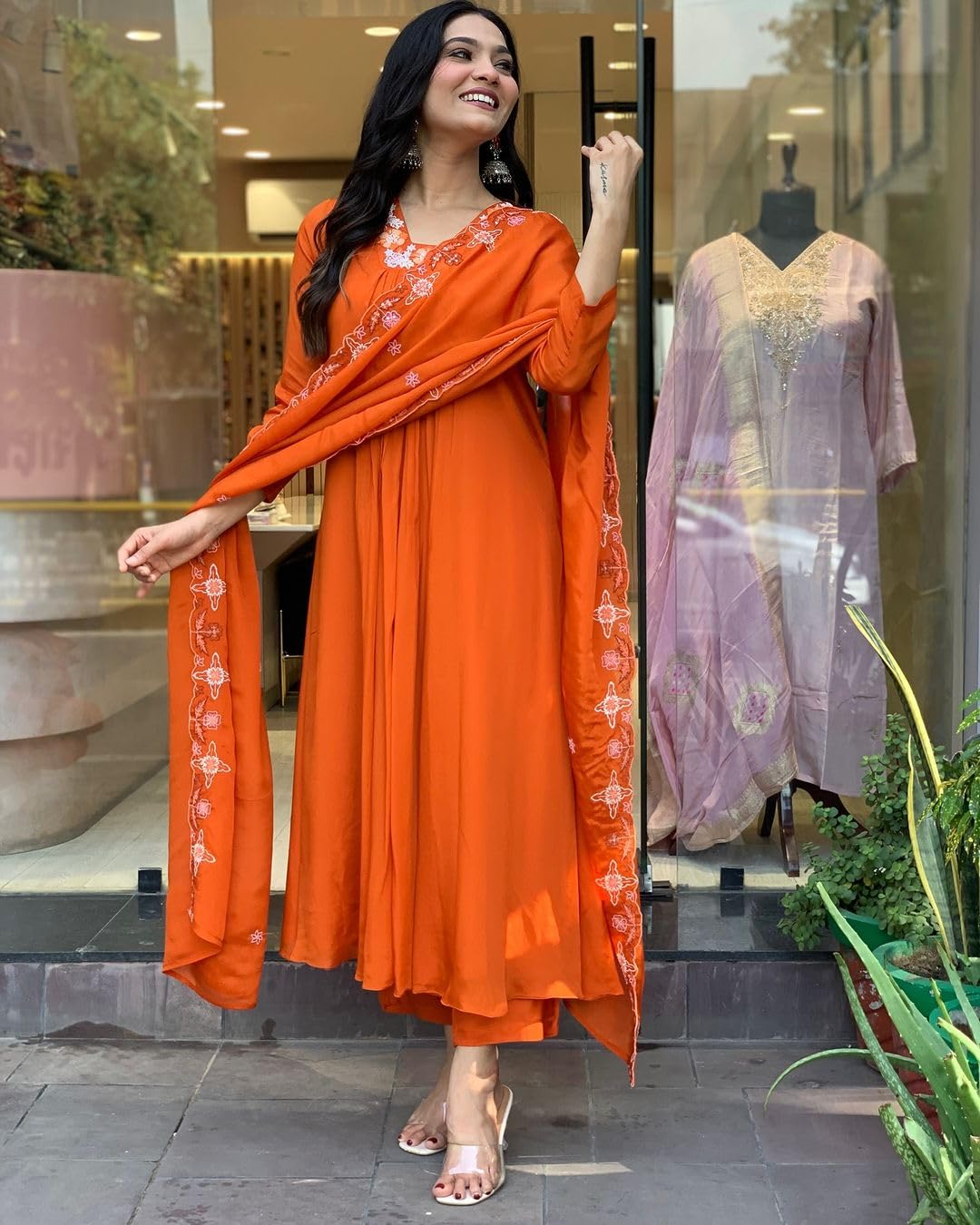 ANNI DESIGNER Womens Rayon Blend Anarkali Thread Work Kurta with Pant & Dupatta (ASHVTHAMA Orange_5XL_Orange_XXXXX-Large)