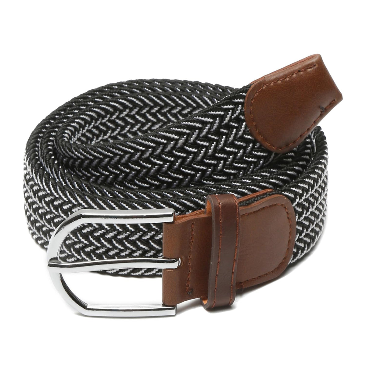 Mutaqinoti MenS Black And Grey Stretchable Braided Belts For Men And Women Woven Belt With Leather Ends (3034 Inch Waist) (Be 1