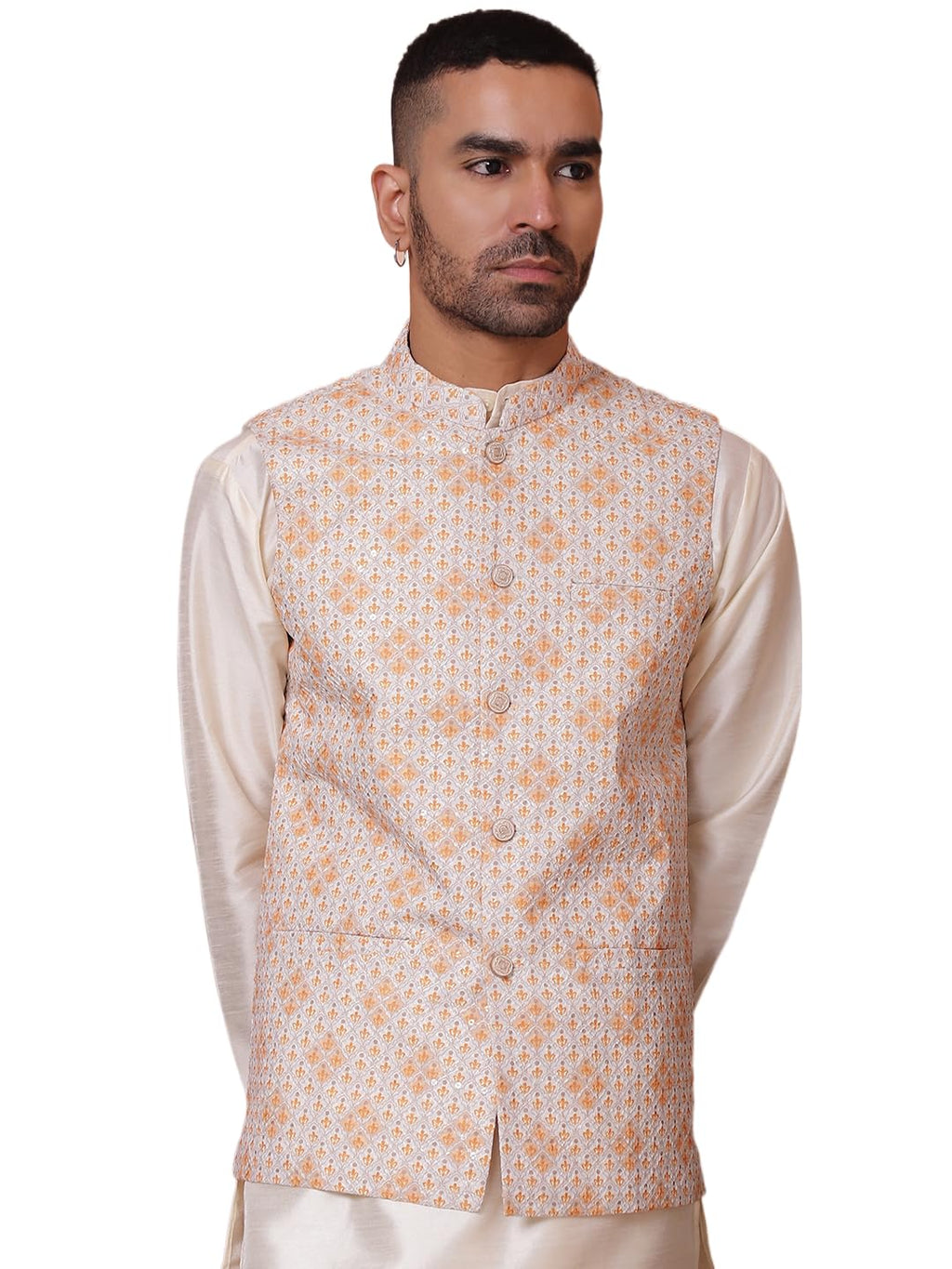 Jompers Mens Floral Printed And Embroidered Nehru Jacket