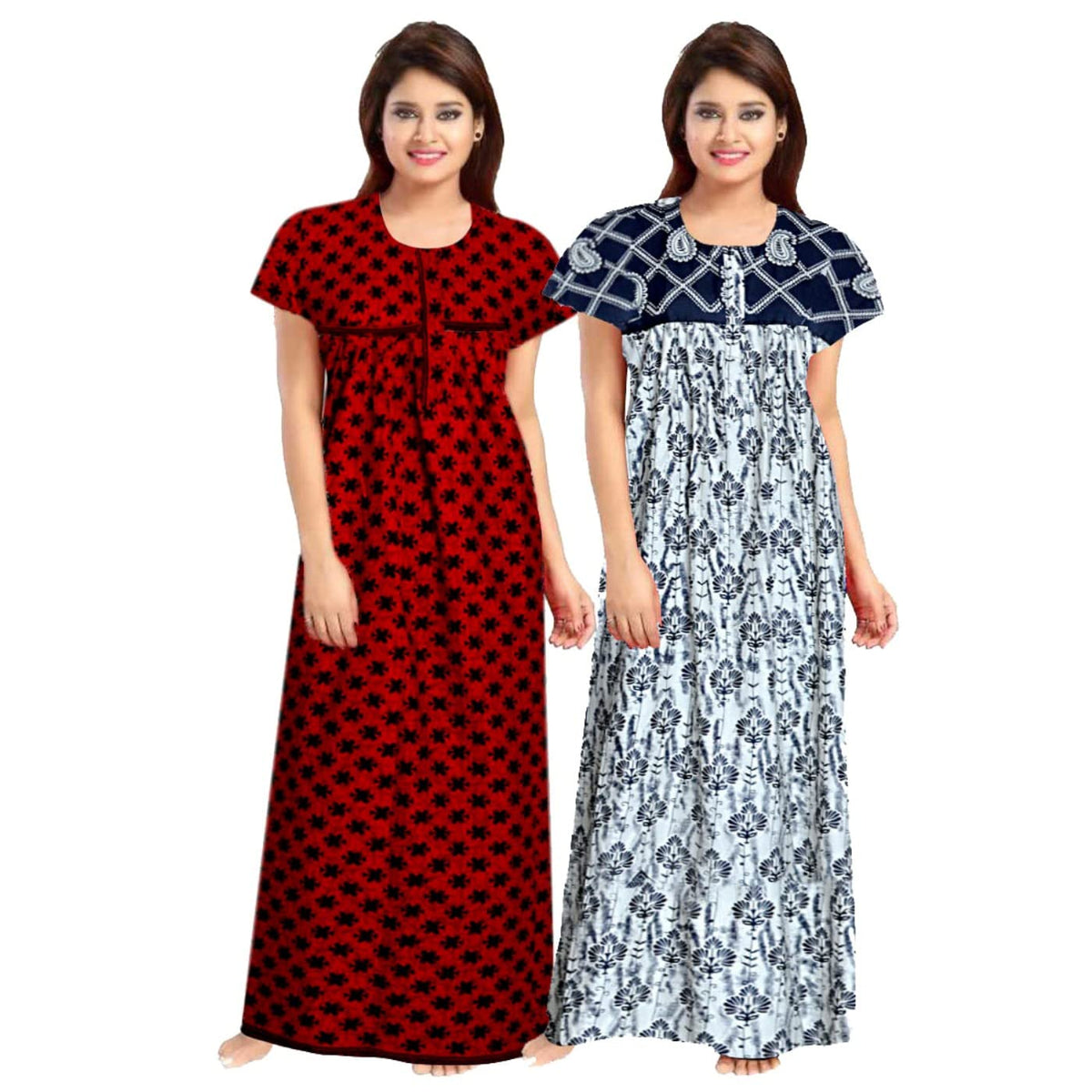 Mudrika WomenS 100% Cotton Printed Maxi Maternity Nightwear Nightdress Free Size, (Combo Pack Of 2) Red,White
