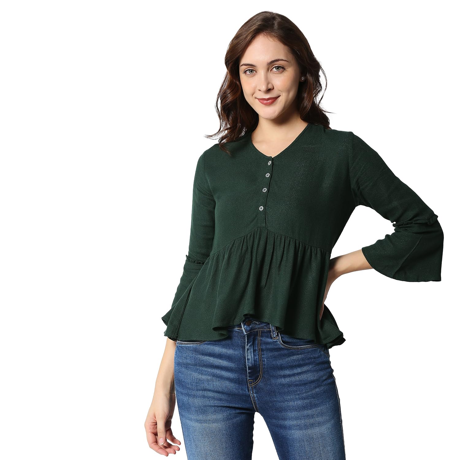 Pepe Jeans Solid Viscose Round Neck Womens Casual Shirt (Green, Small)
