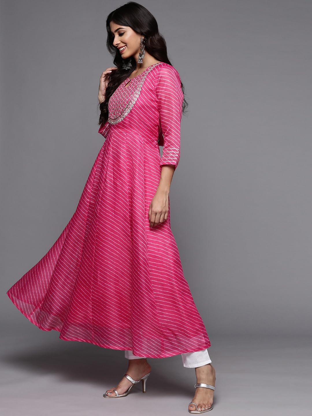 Varanga Pink Lehariya Printed Anarkali Emroidered Kurta