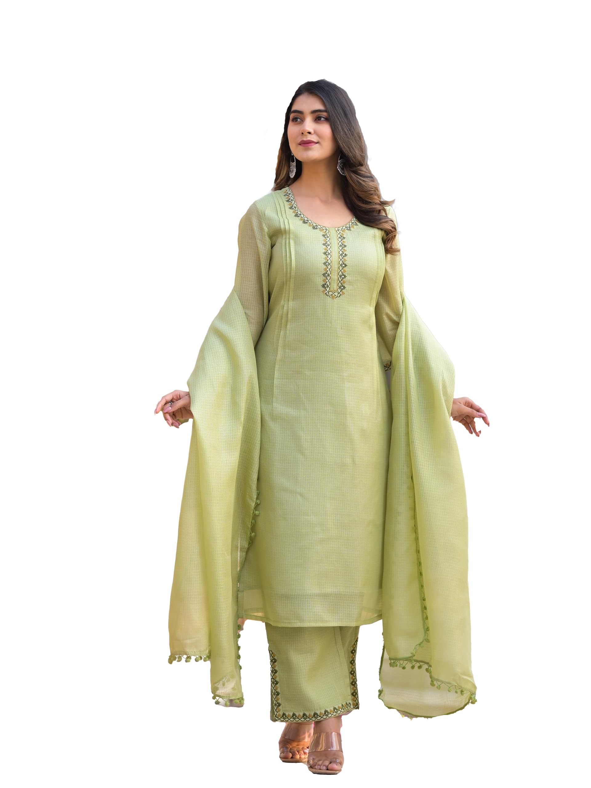 Varanga Lime Green Kota Check Thread Embroidered Kurta With Bottom And Dupatta