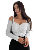 Sugathari Womens White Solid Colour Open Cold Off Shoulder Long Sleeve Lettuce Hem Casual Autumn Trim Tight- Slim Fitting Ruche
