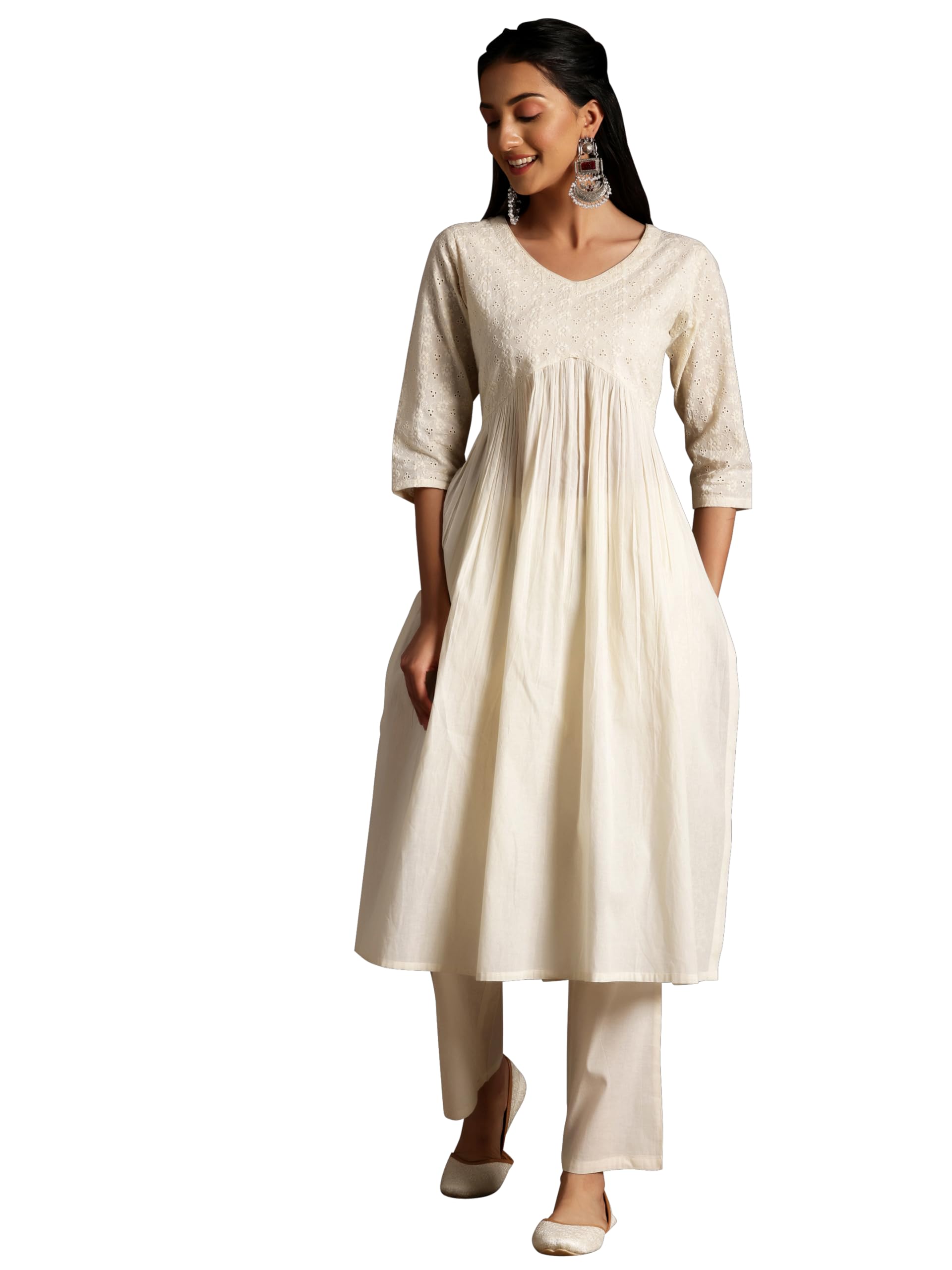 Libas Womens Cotton Embroidered Regular Fit Kurta Set (35214_Off White