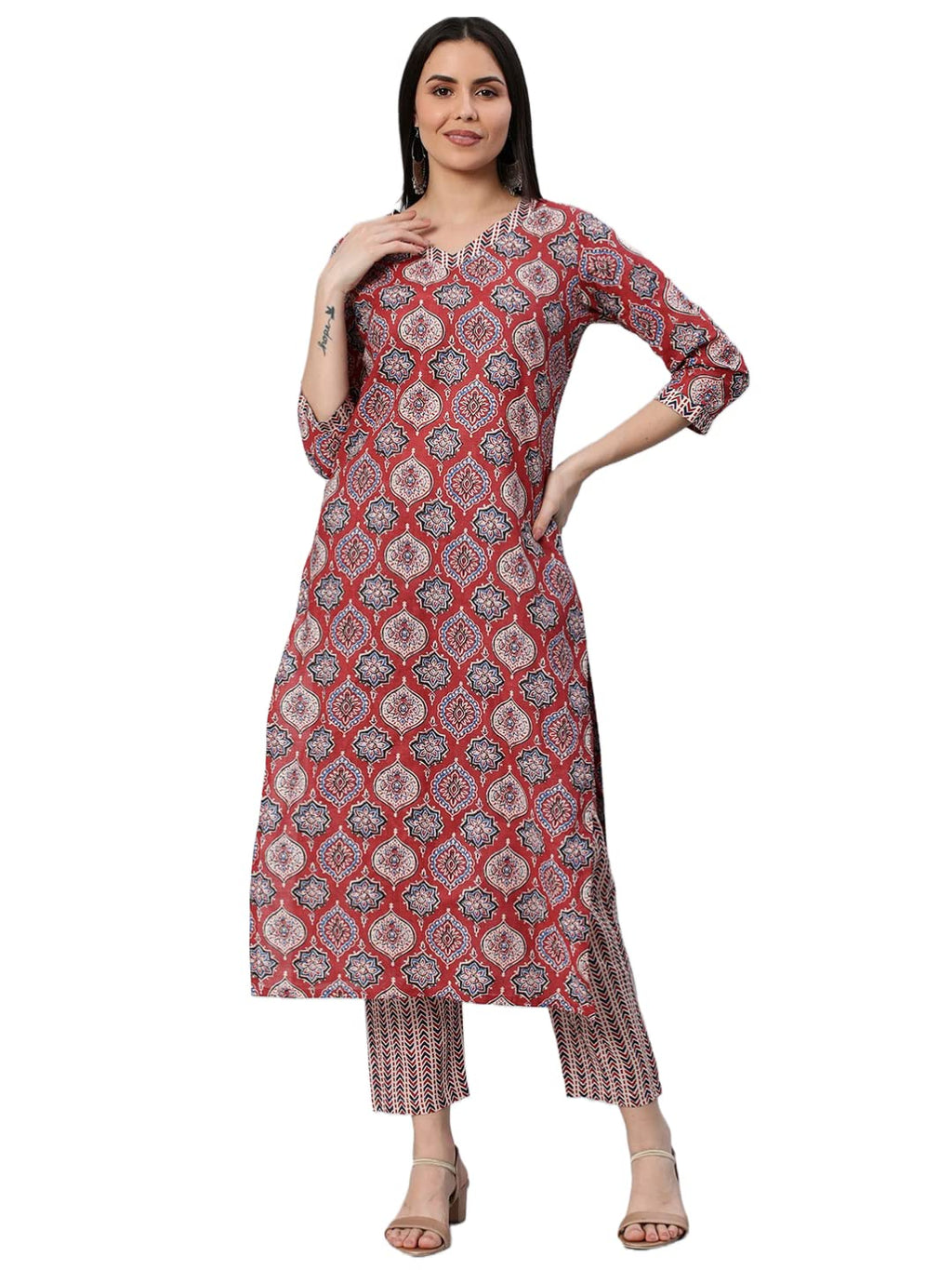 ANNI DESIGNER Womens Cotton Blend Straight Printed Kurta with Pant (Priyani Red-Nw6_M_Red_Medium)