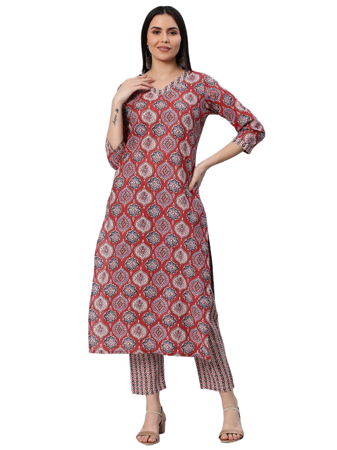 ANNI DESIGNER Womens Cotton Blend Straight Printed Kurta with Pant (Priyani Red-Nw6_S_Red_Small)