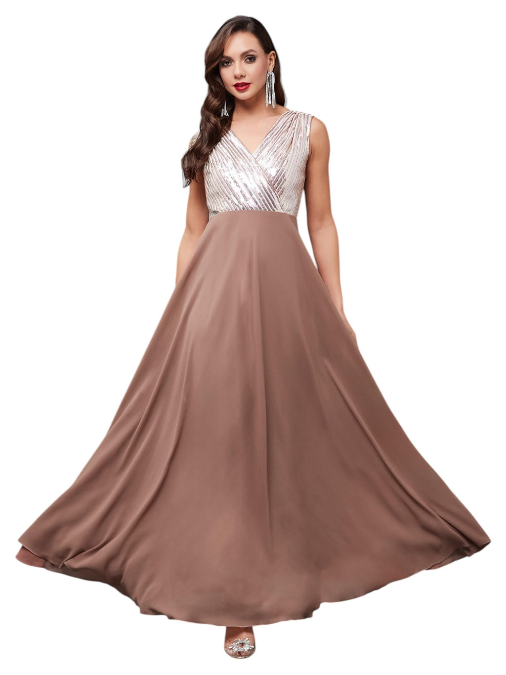 Miss Chase WomenS V-Neck Sleeveless Maxi Dress (Mcss24D16-61-312-05, Dusty Peach, L)
