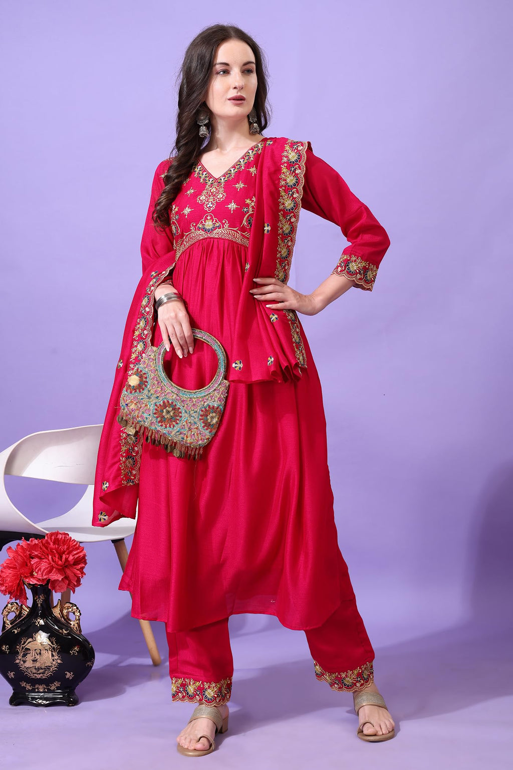 Pratham Blue WomenS Silk Embroidered Anarkali Kurta Palazzos With Dupatta |Kurta Set For Women |Women Kurta |Women Embroidered