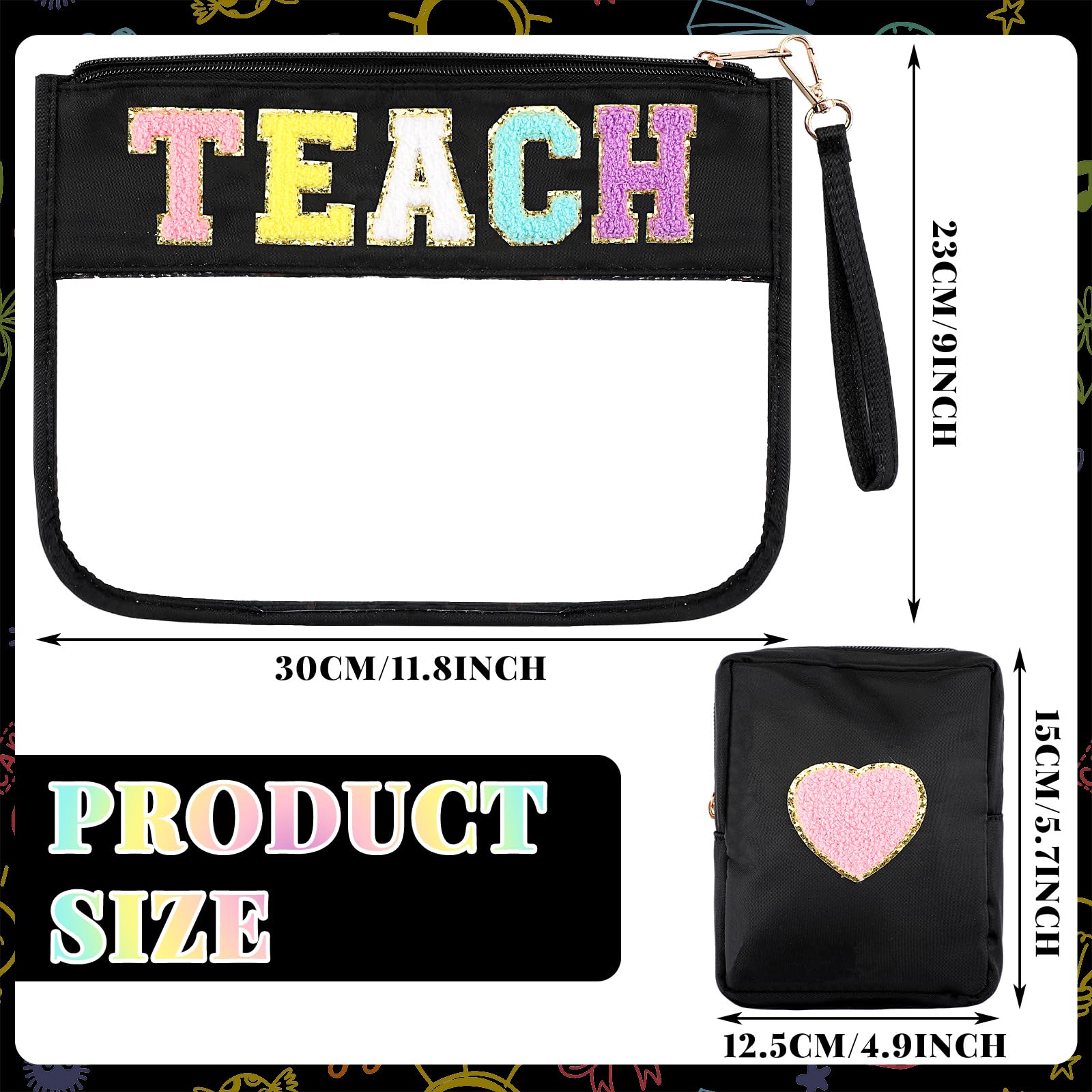 Hillban 2 Pcs Teacher Gifts Chenille Letter Bags Preppy Patch Makeup Bag Flat Clear Pouch PVC Organizer Purse Waterproof Travel