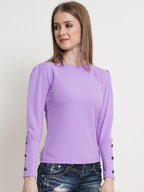 POPWINGS Casual Solid Puff Button Long Sleeves Tops for Women || Summer Round Neck Tops for Women || Stylish Western Top for Jea