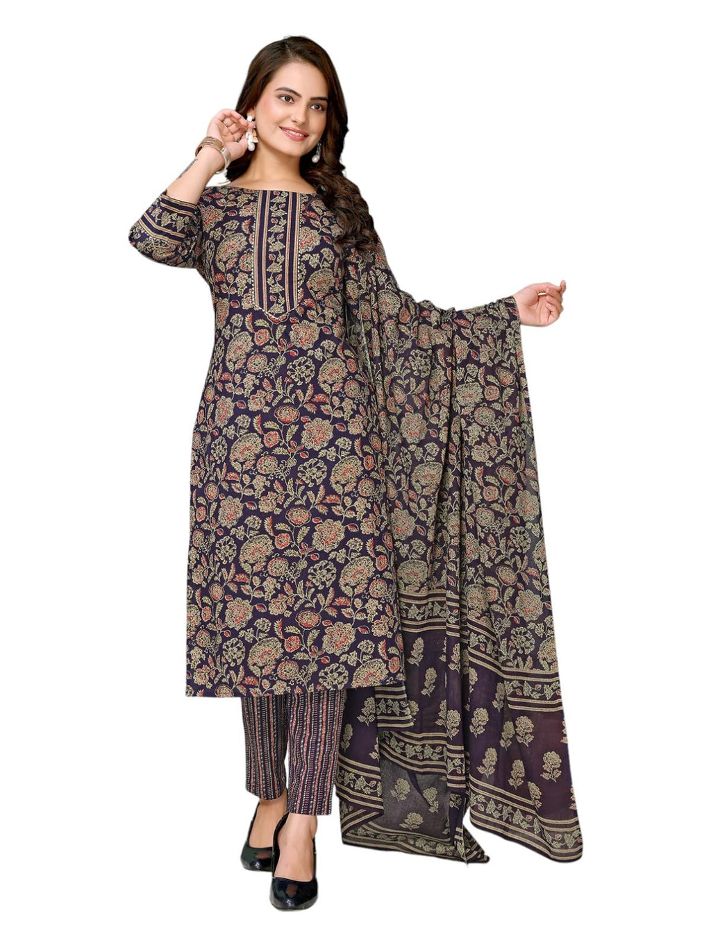 Rangita Navy Blue Cotton Printed Straight Kurta With Pant And Dupatta | Kurta Set For Women_3Xl